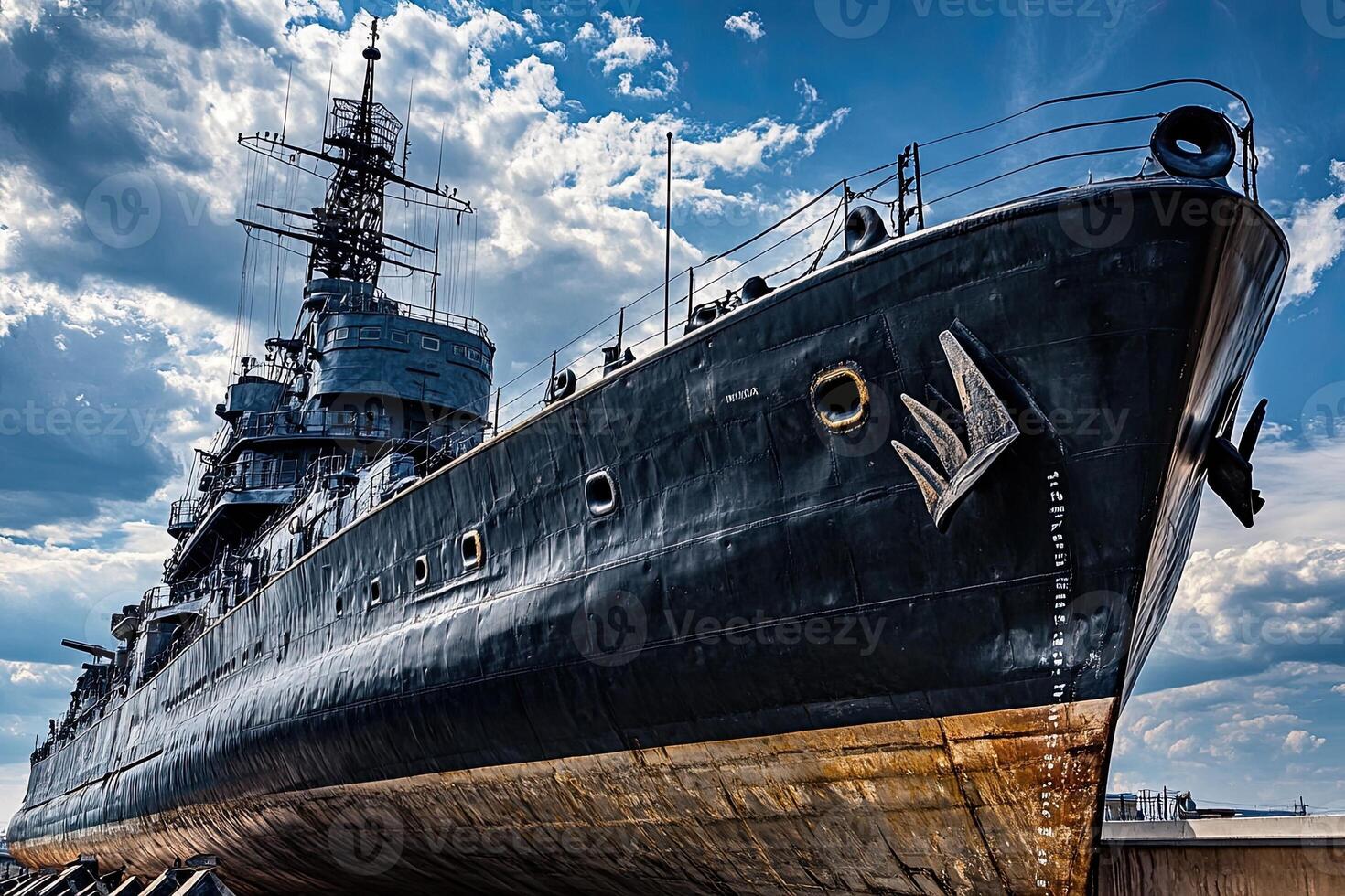 Historic ship docked under a cloudy sky. photo