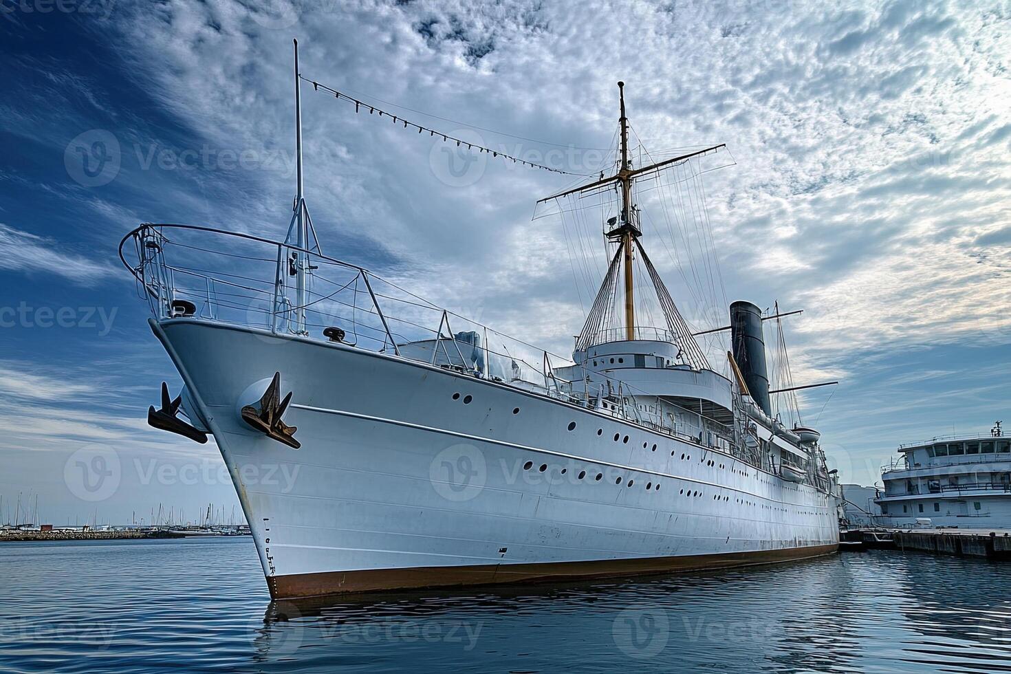 Historic ship docked in a marina under a cloudy sky. photo