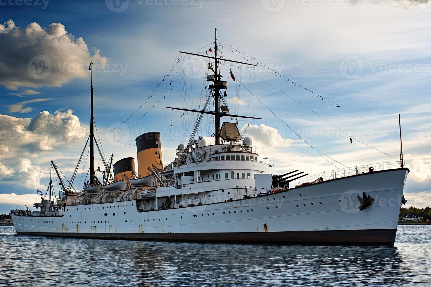 Historic ship sailing on calm waters under a cloudy sky. photo