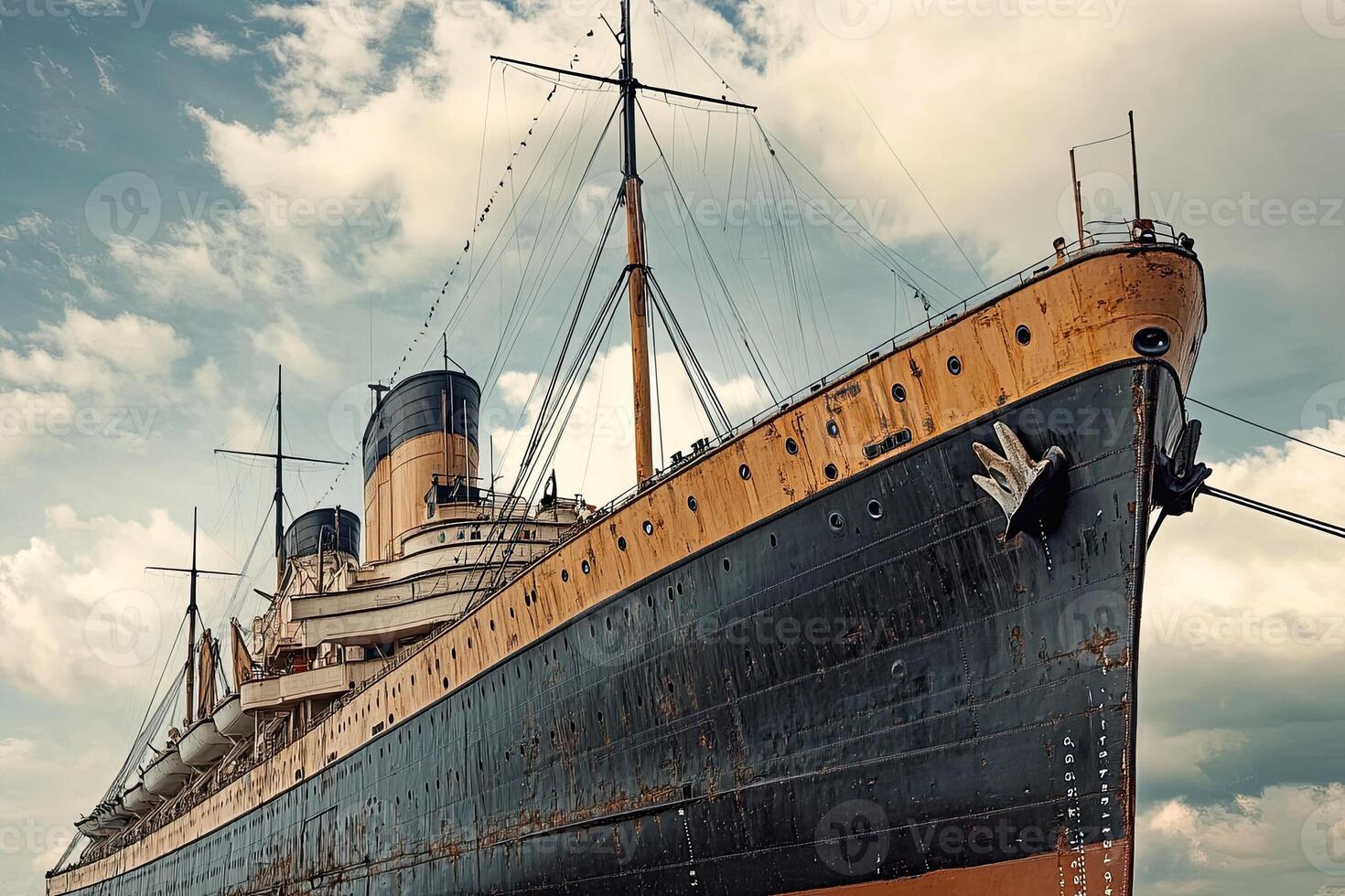 Historic ship with masts against a cloudy sky. photo