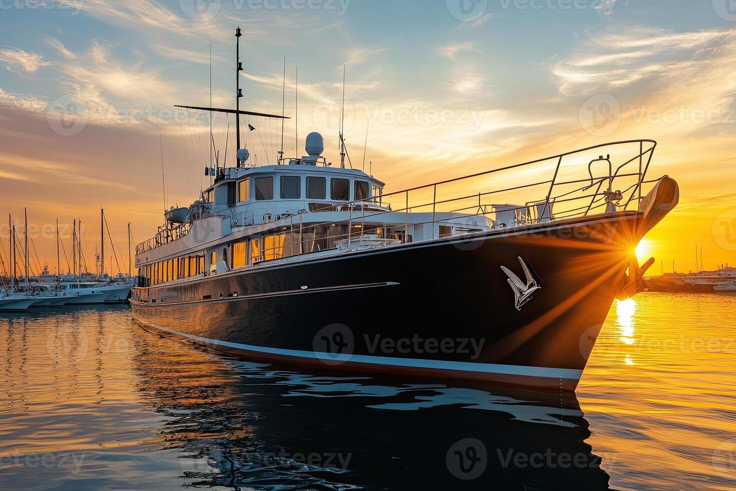 Luxury yacht at sunset in a tranquil harbor. photo