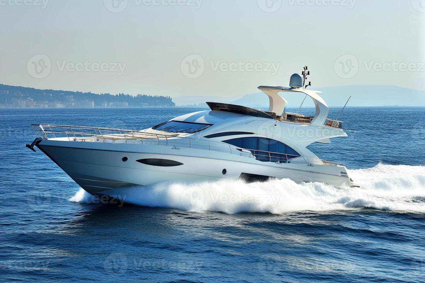 Luxury yacht cruising on the ocean's surface. photo