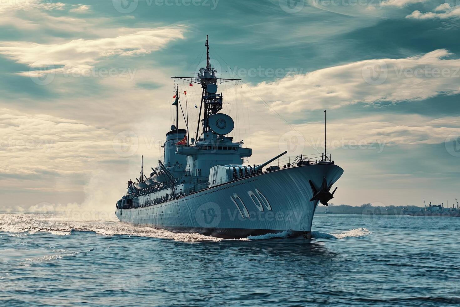 Military ship navigating through calm waters under clouds. photo