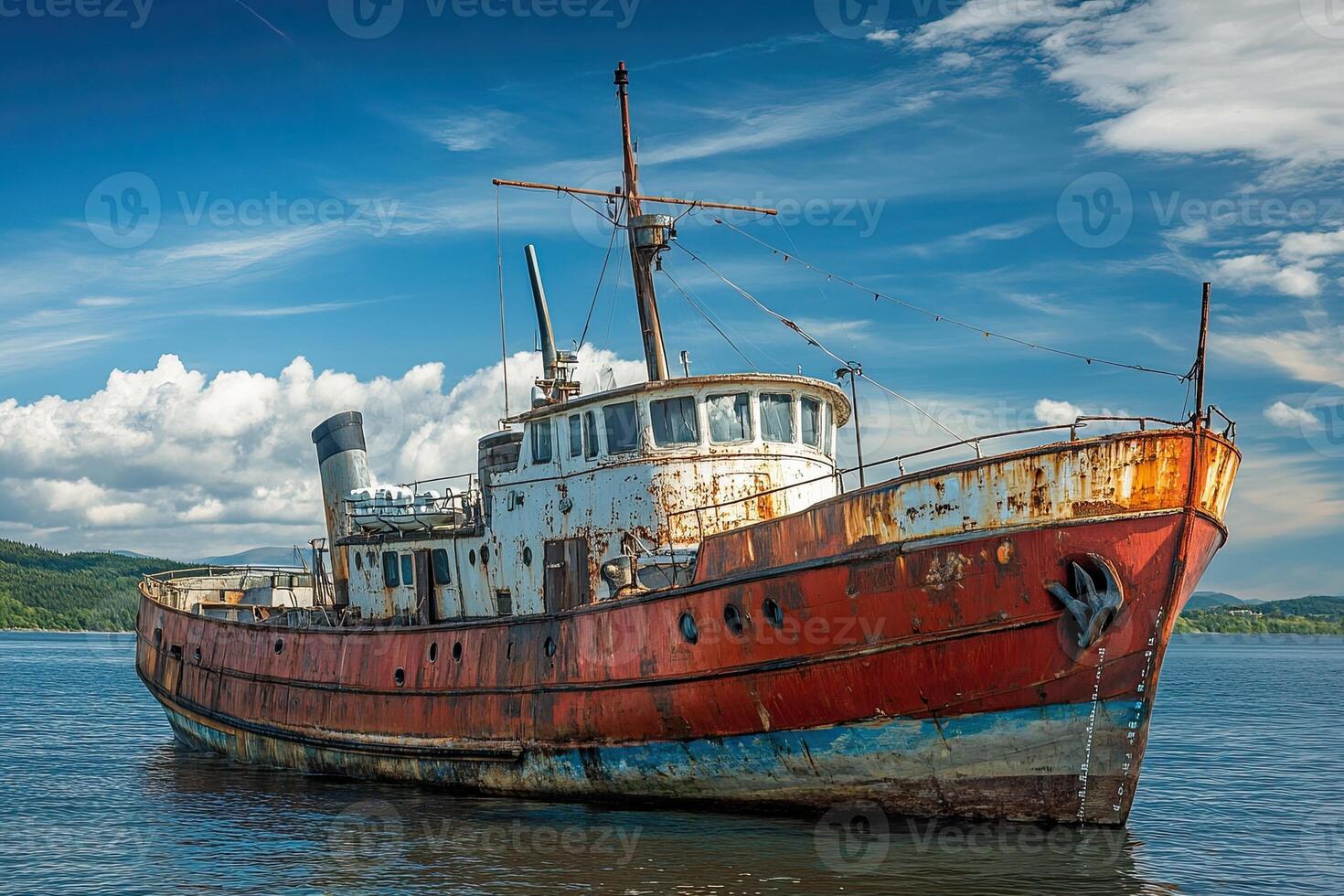 Rusty ship anchored in calm waters under a blue sky. photo