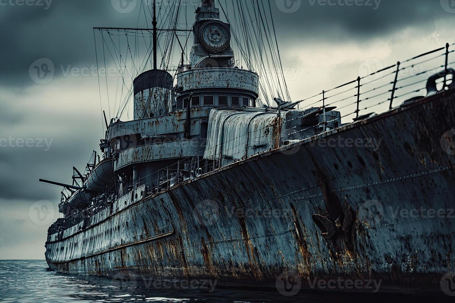 Rusty ship anchored in moody waters under cloudy skies. photo