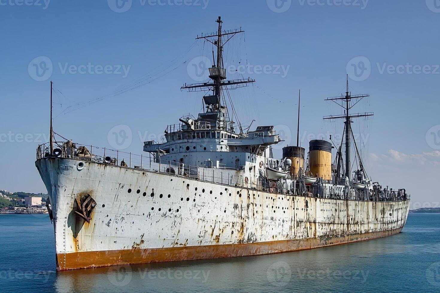Rusty ship anchored in calm waters under blue sky. photo