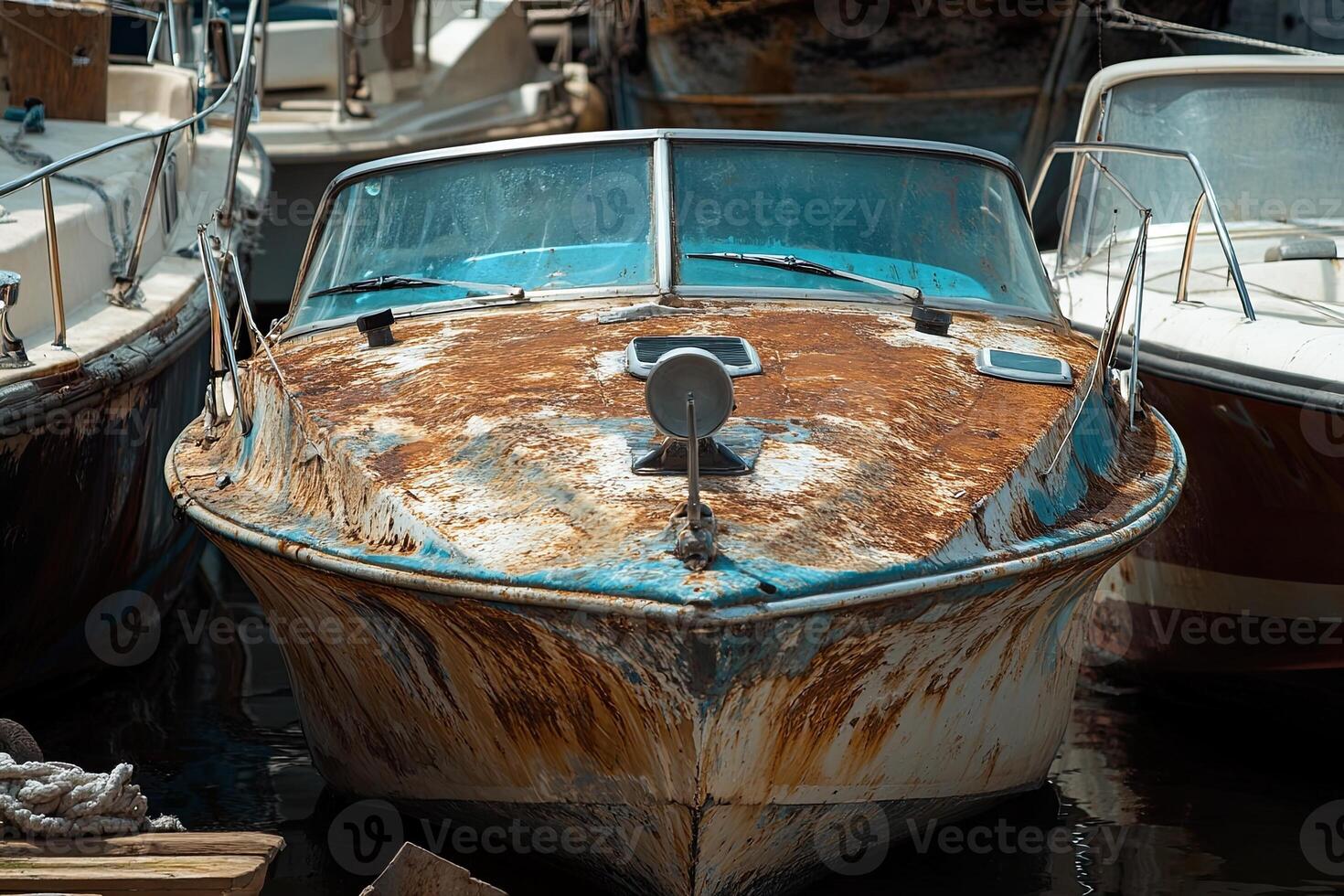 Weathered boat docked in a marina, showing rust and decay. photo