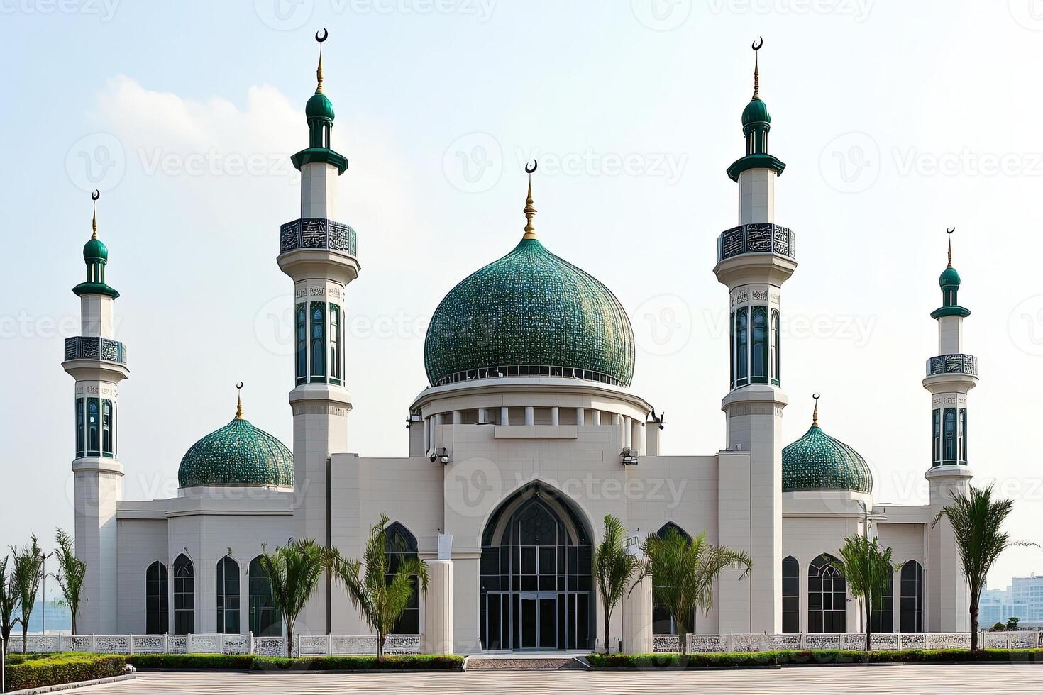 Grand mosque with green domes and minarets under a clear sky. photo