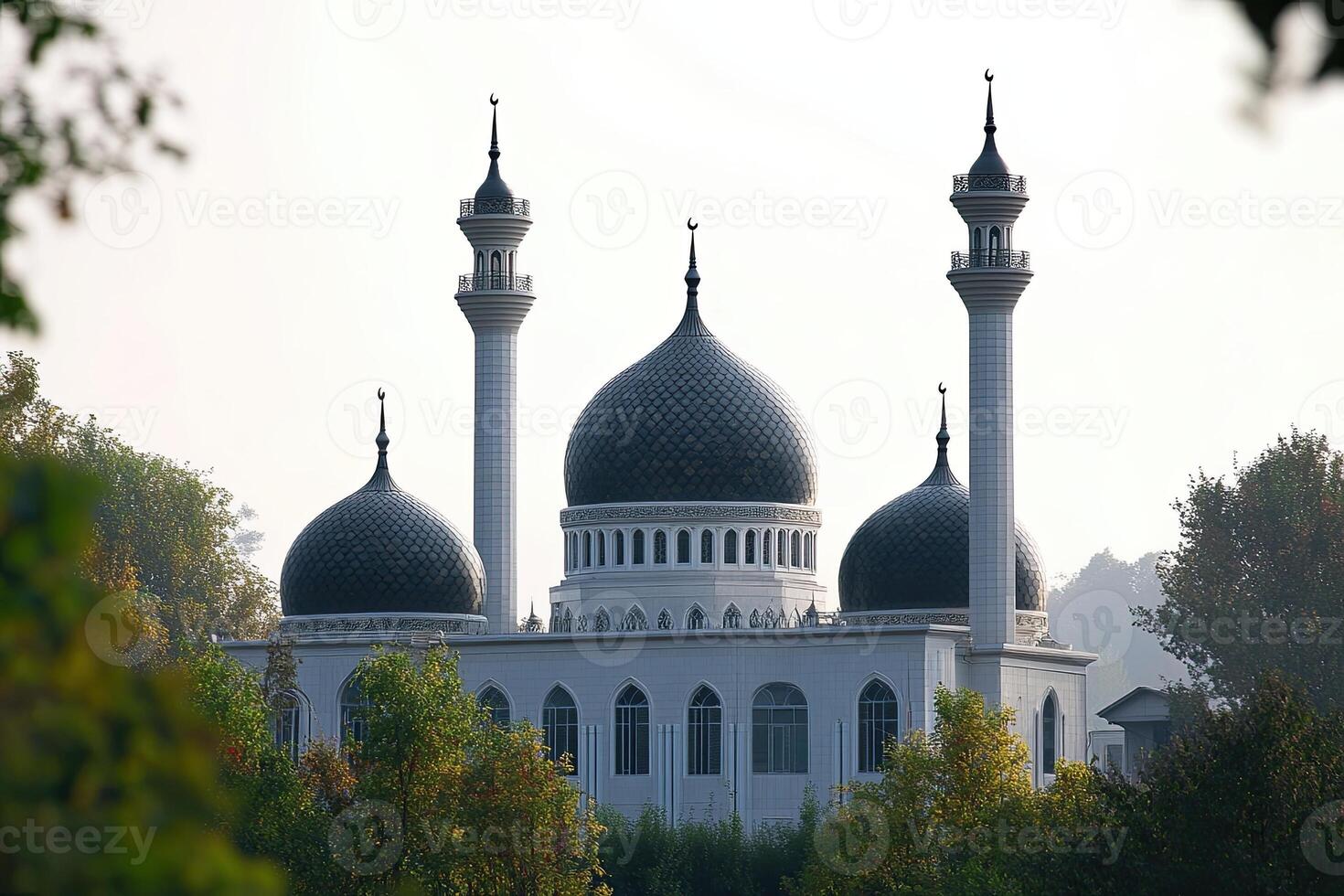 Elegant white mosque with dark blue domes and minarets, surrounded by trees. photo