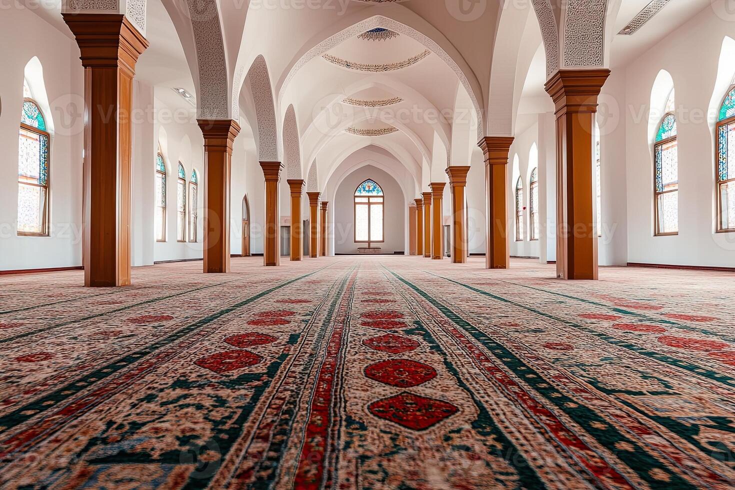 Empty mosque interior with arched ceilings, wooden columns, and patterned carpet. photo