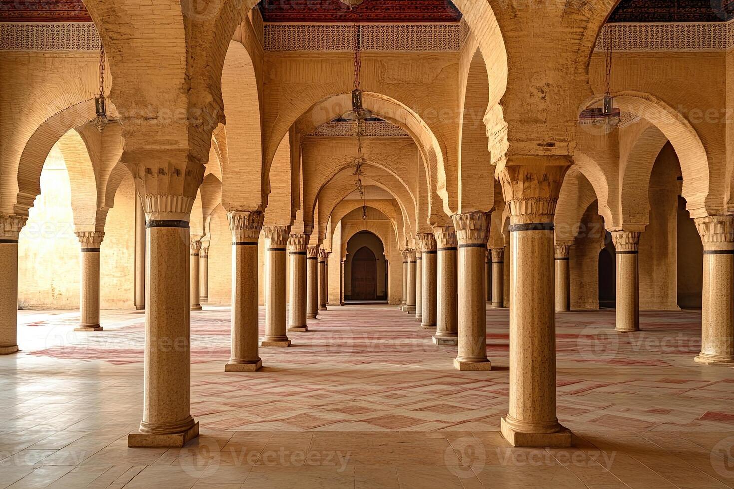 Grand mosque interior with columns, arches, and patterned floor. photo