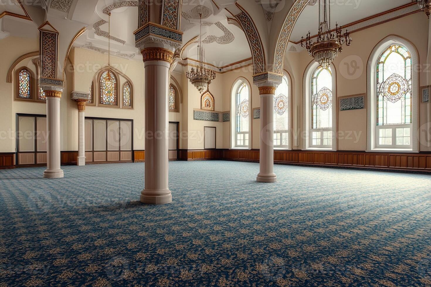 Grand mosque interior with ornate columns, stained glass windows, and patterned carpet. photo