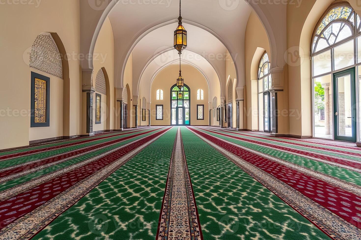 Empty mosque hallway with arched ceilings, patterned carpet, and stained-glass window. photo