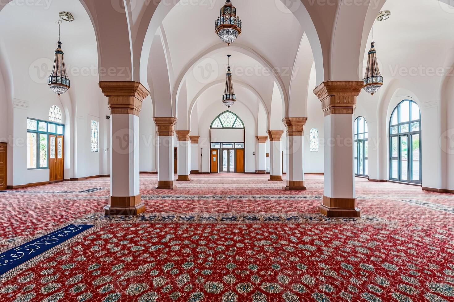 Empty mosque interior with arched ceilings, pillars, and ornate carpet. photo