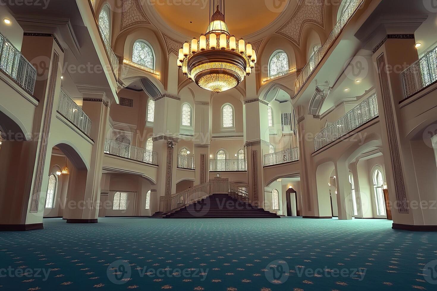 Grand mosque interior, spacious hall with chandelier and staircase. photo