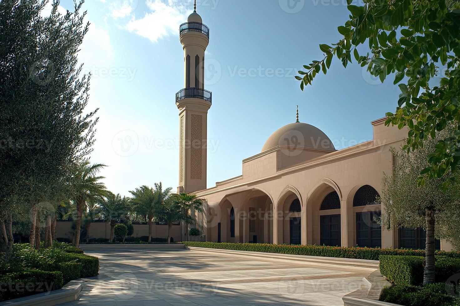 Elegant mosque with minaret, courtyard, and landscaping under a sunny sky. photo