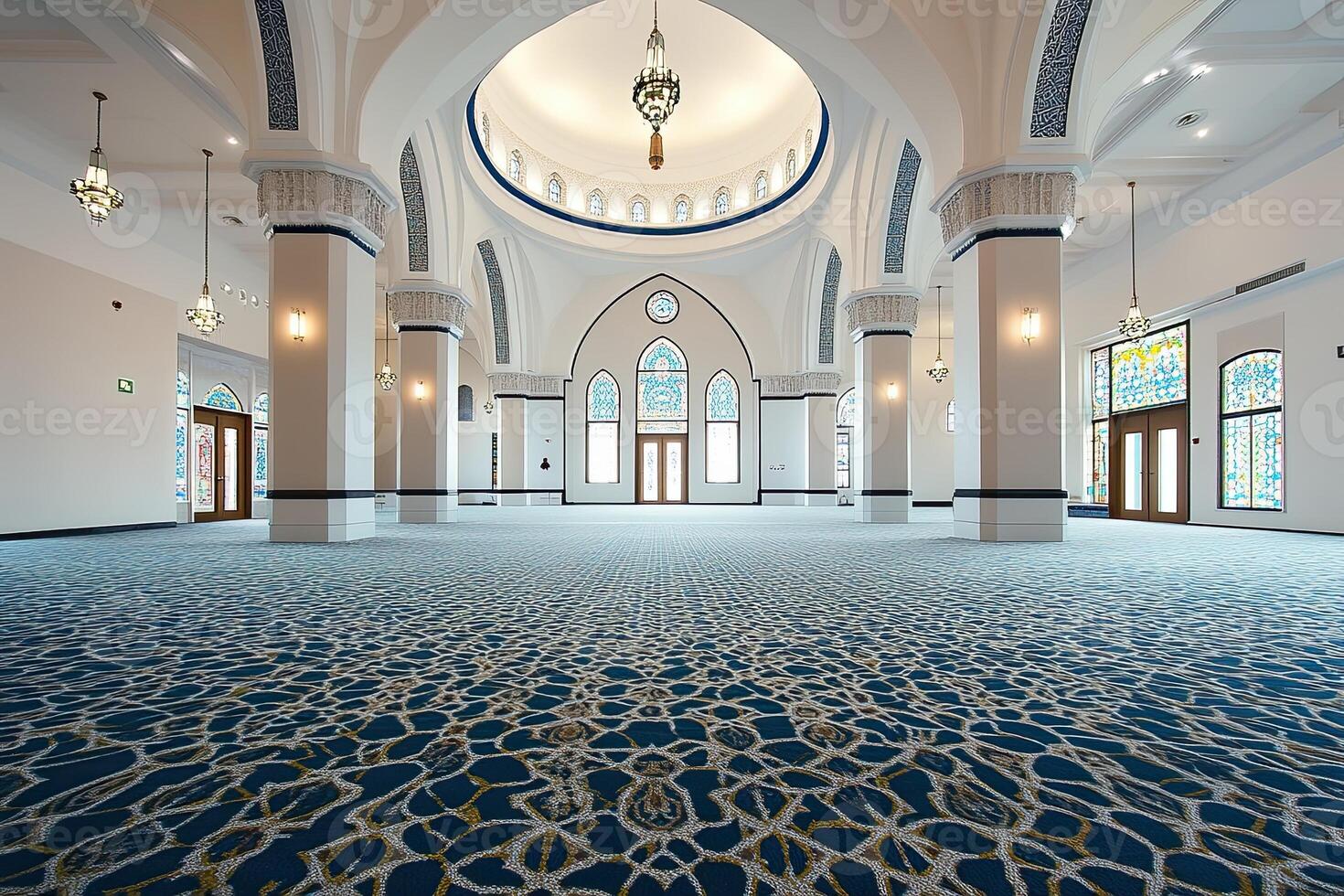 Grand mosque interior, spacious prayer hall with ornate carpet, high ceilings, arched windows, and elegant lighting fixtures. photo