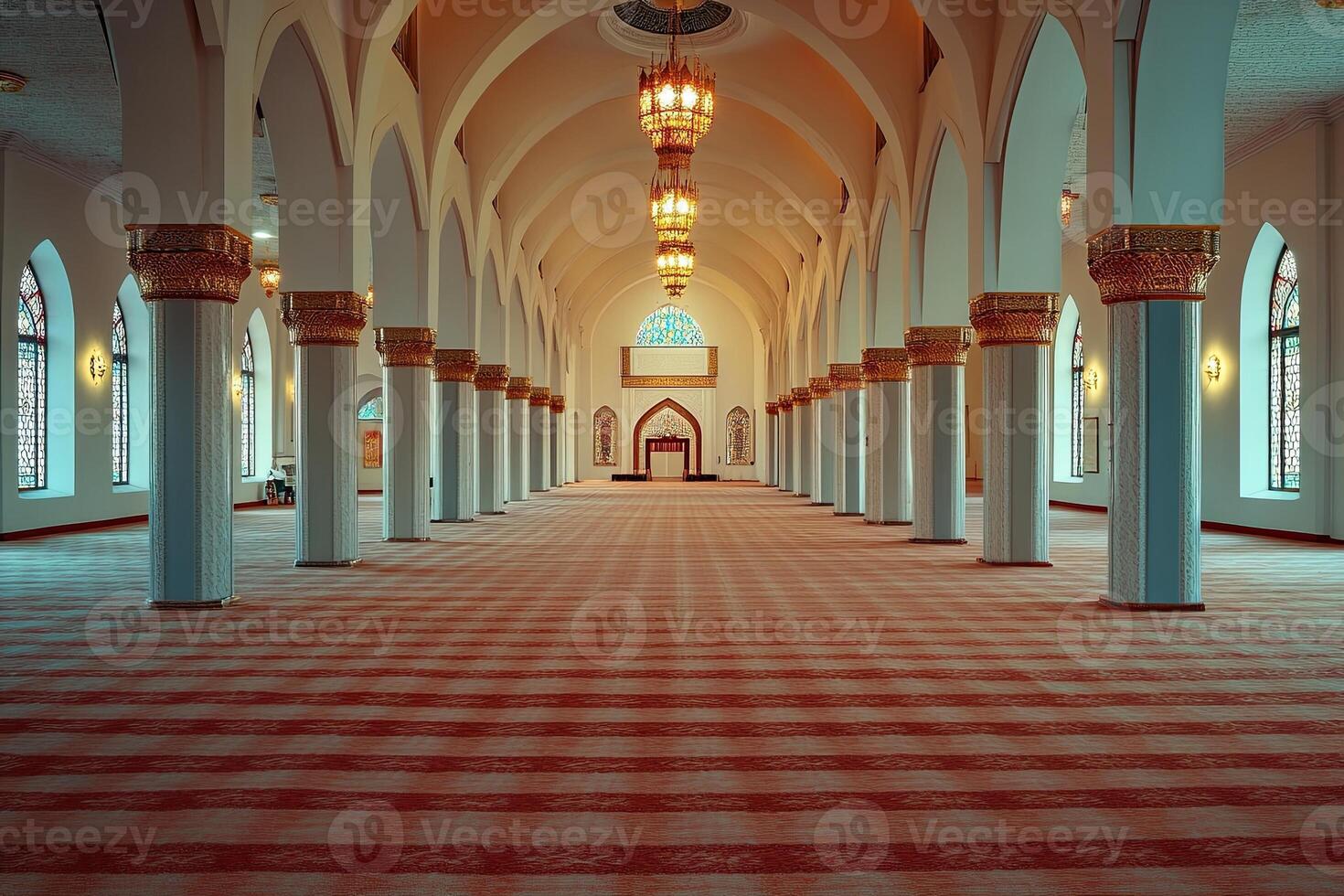 Grand mosque interior, long columns, arched ceilings, red carpet. photo