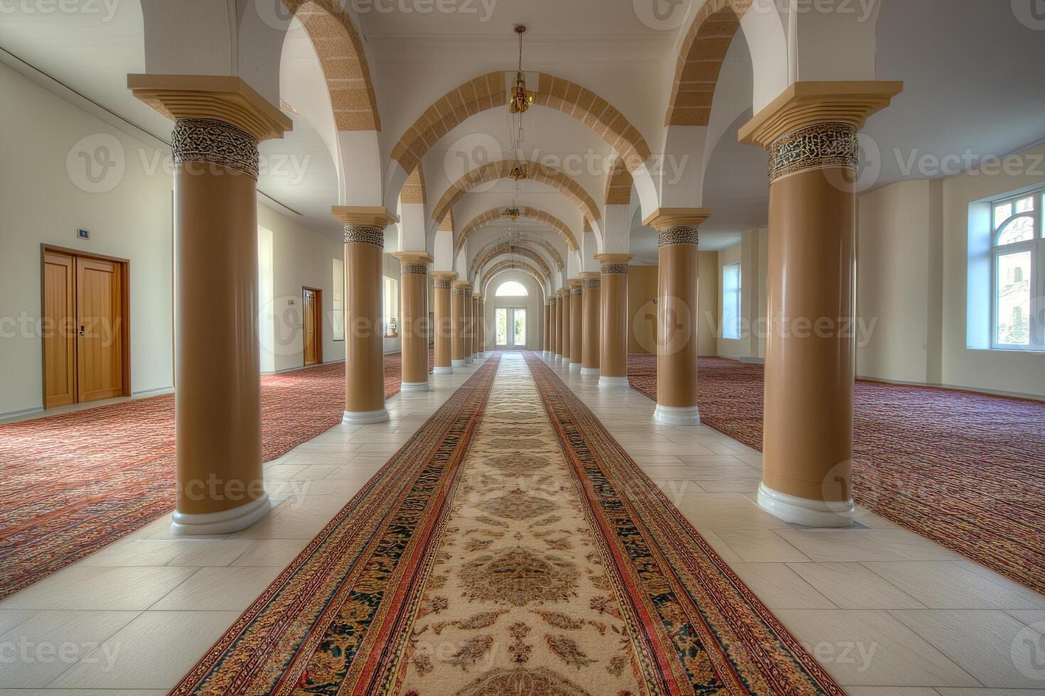 Interior of a mosque with arched hallways, columns, and ornate carpets. photo