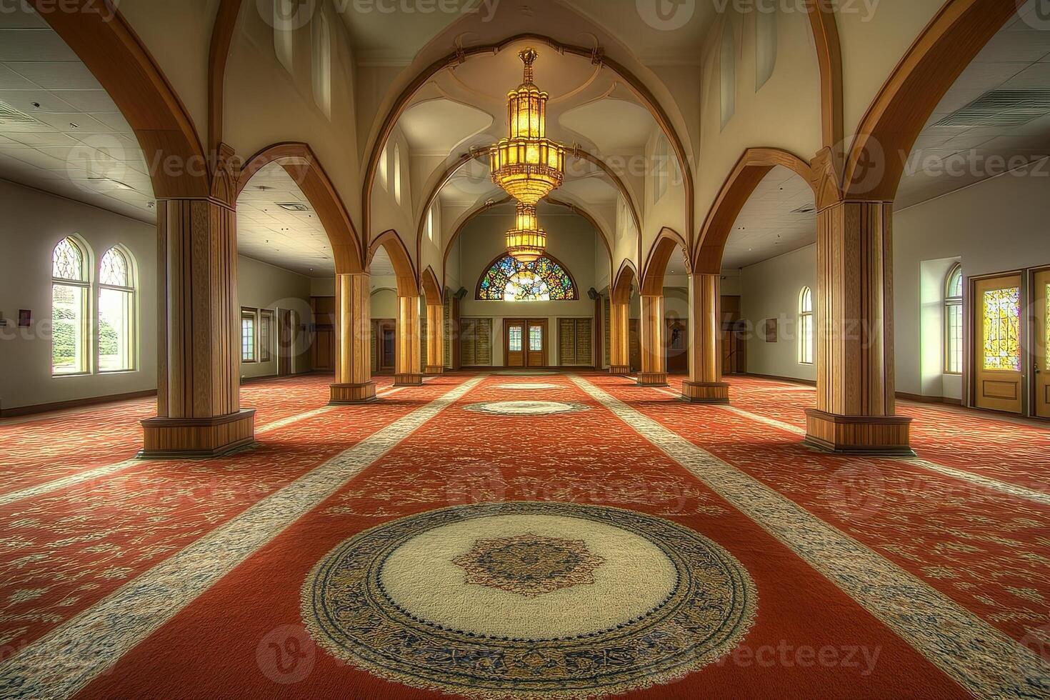 Empty mosque interior with arched ceilings, stained glass, and ornate carpet. photo