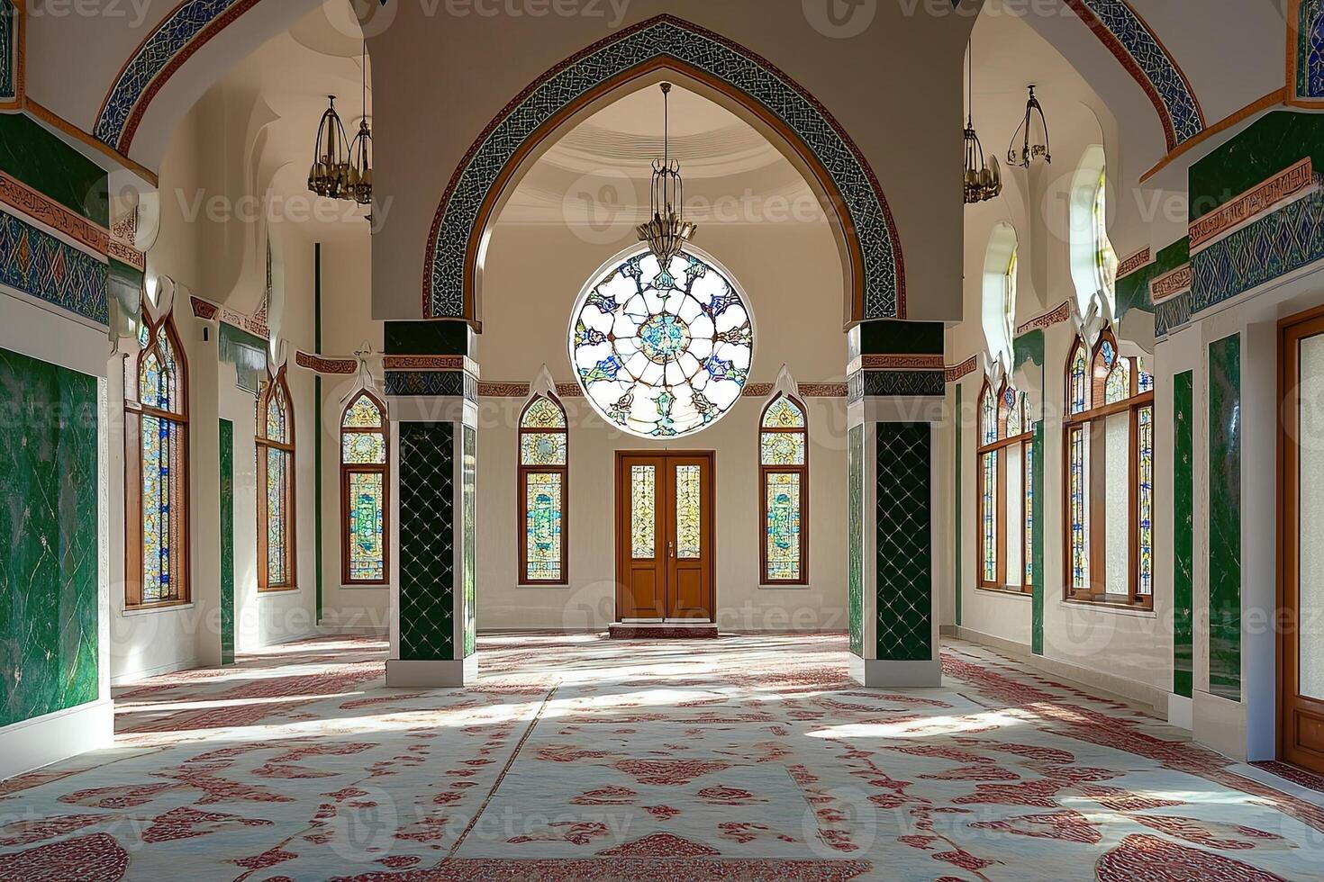 Interior of a mosque with stained-glass window, arched entryway, and patterned carpet. photo