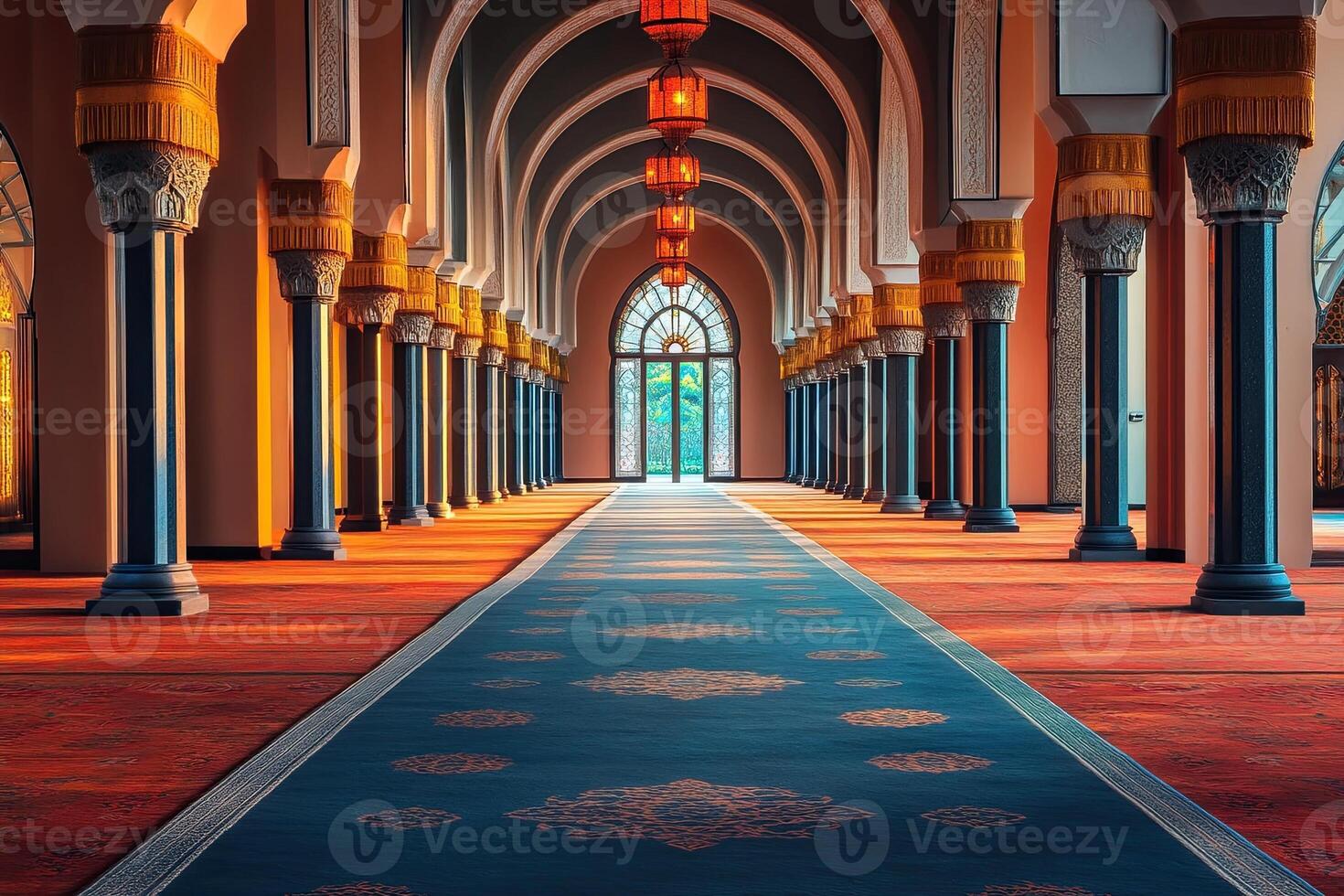 Long hallway with arched ceilings, pillars, and carpet. photo