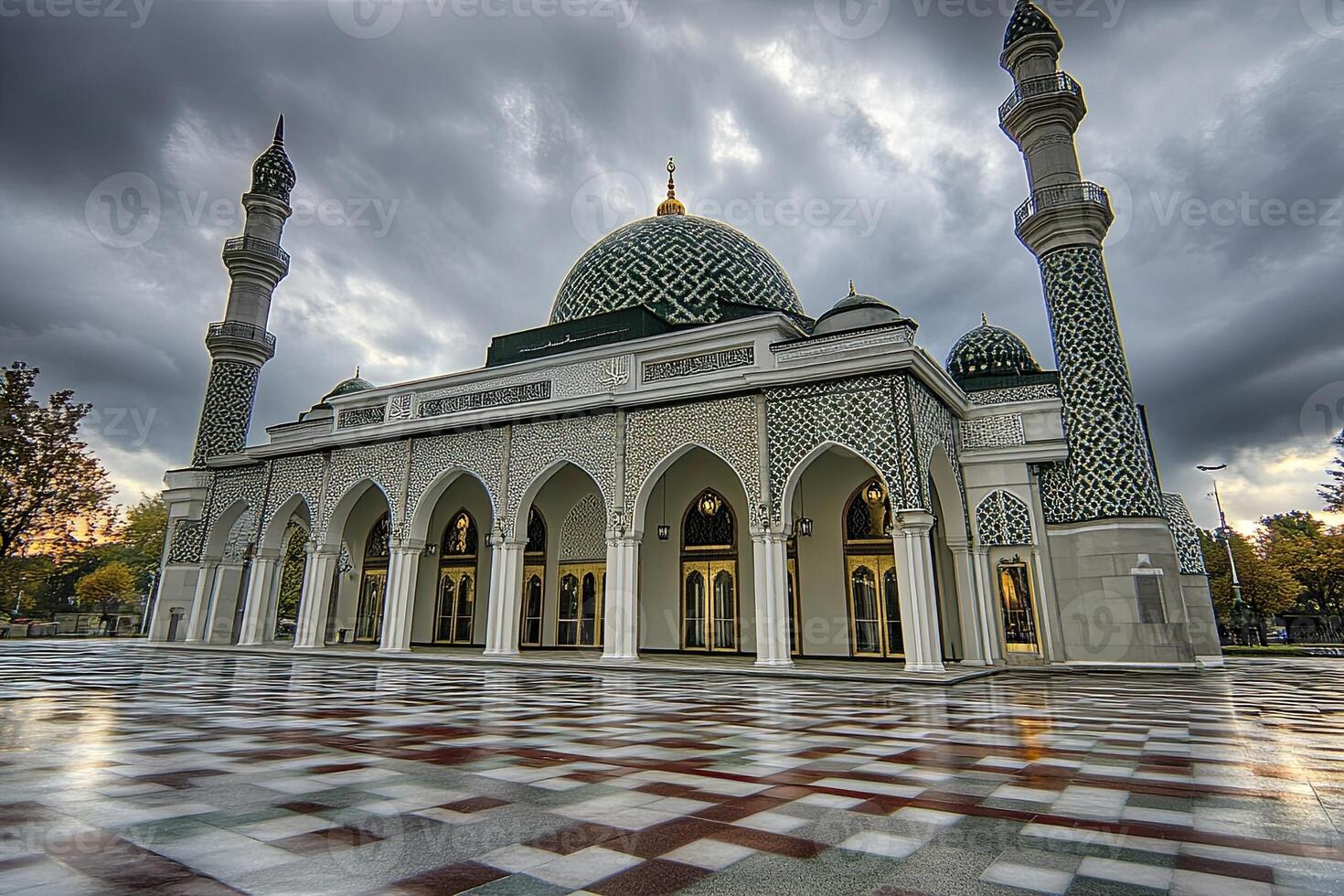 Majestic mosque under a dramatic sky, showcasing intricate architectural details and a reflective plaza. photo
