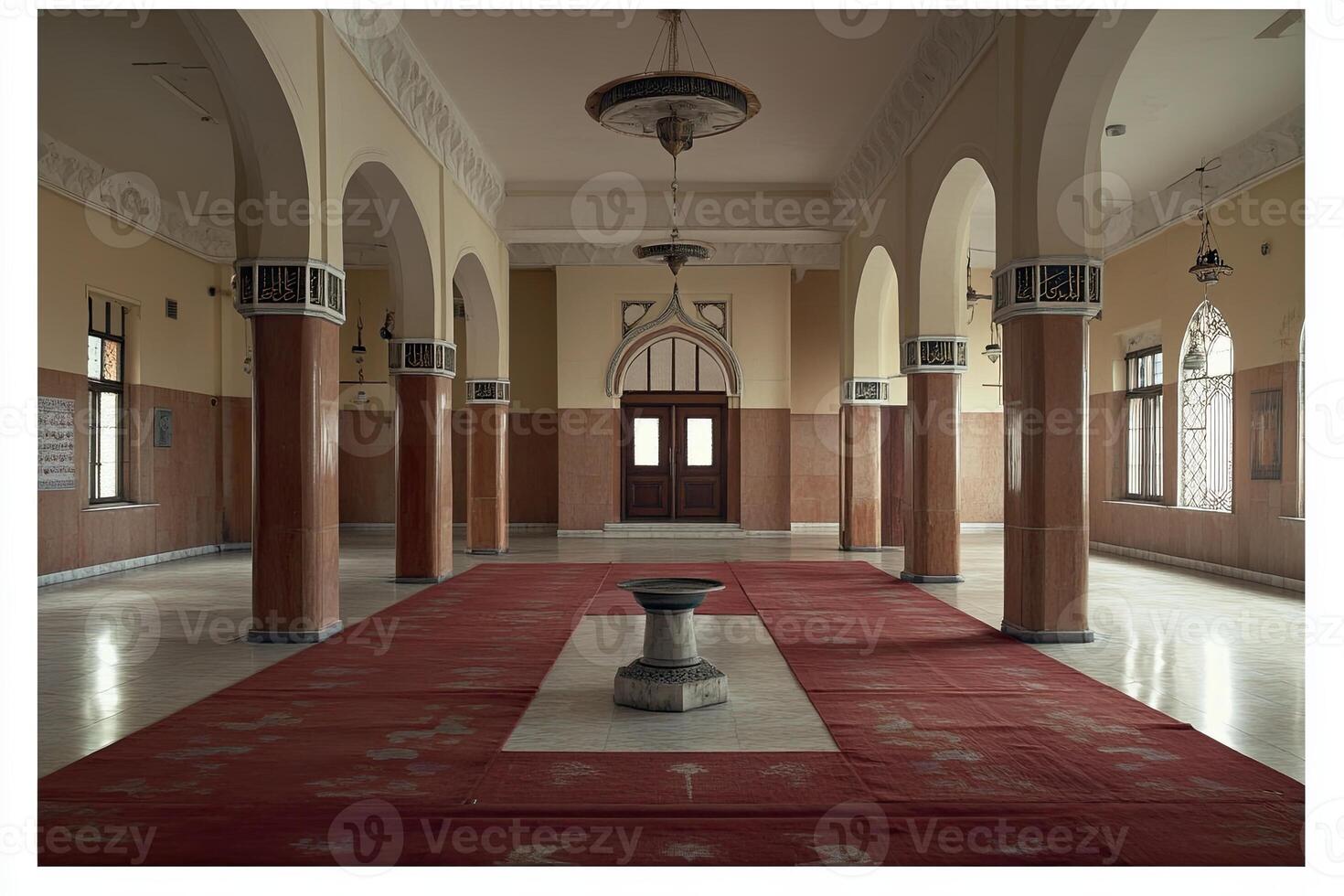 Mosque interior with arches, columns, and carpet. photo