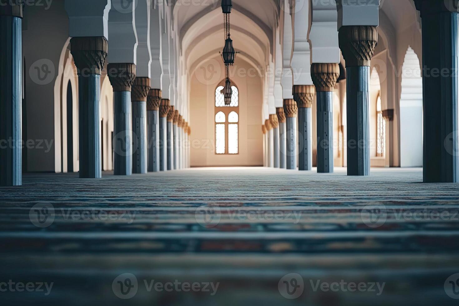 Serene mosque interior with sunlight streaming through a window, illuminating the prayer hall. photo