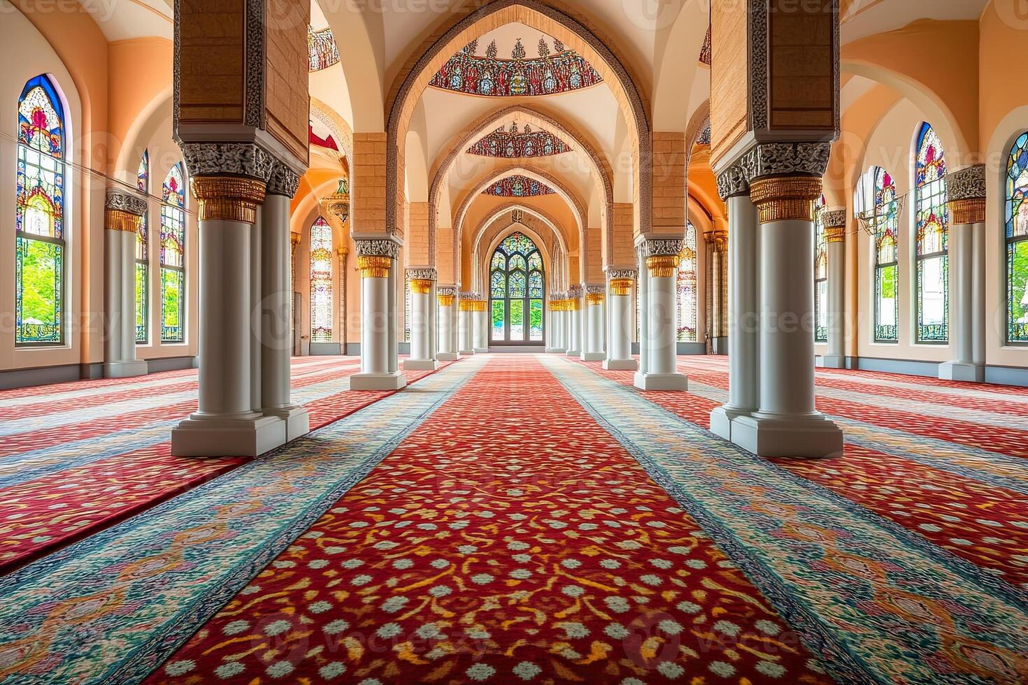 Mosque interior with stained glass windows, ornate columns, and richly patterned carpets. photo