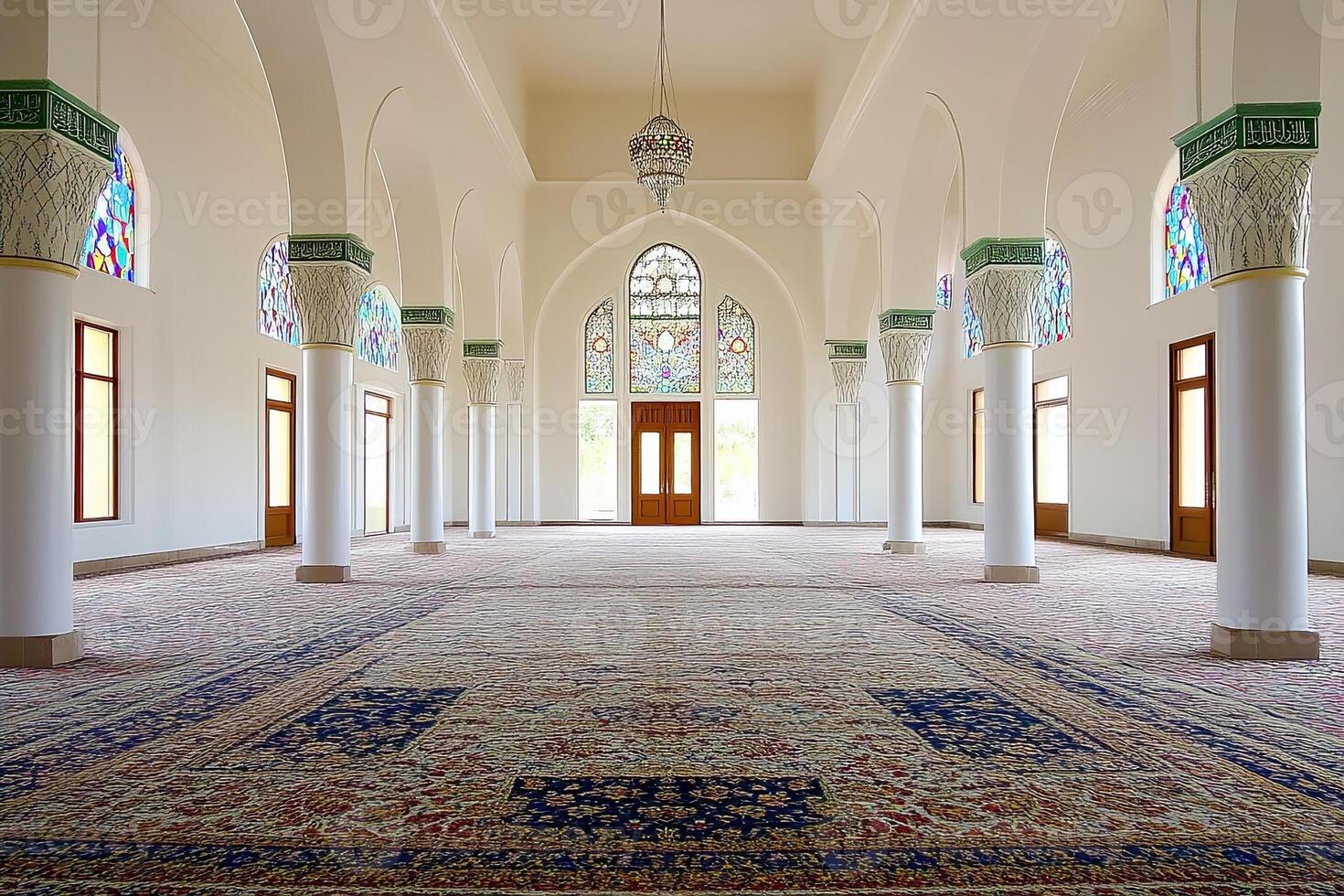 Spacious mosque interior with arched windows, columns, and ornate carpet. photo