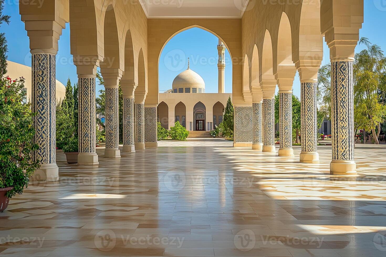 Mosque courtyard with arched colonnade and reflecting floor. photo