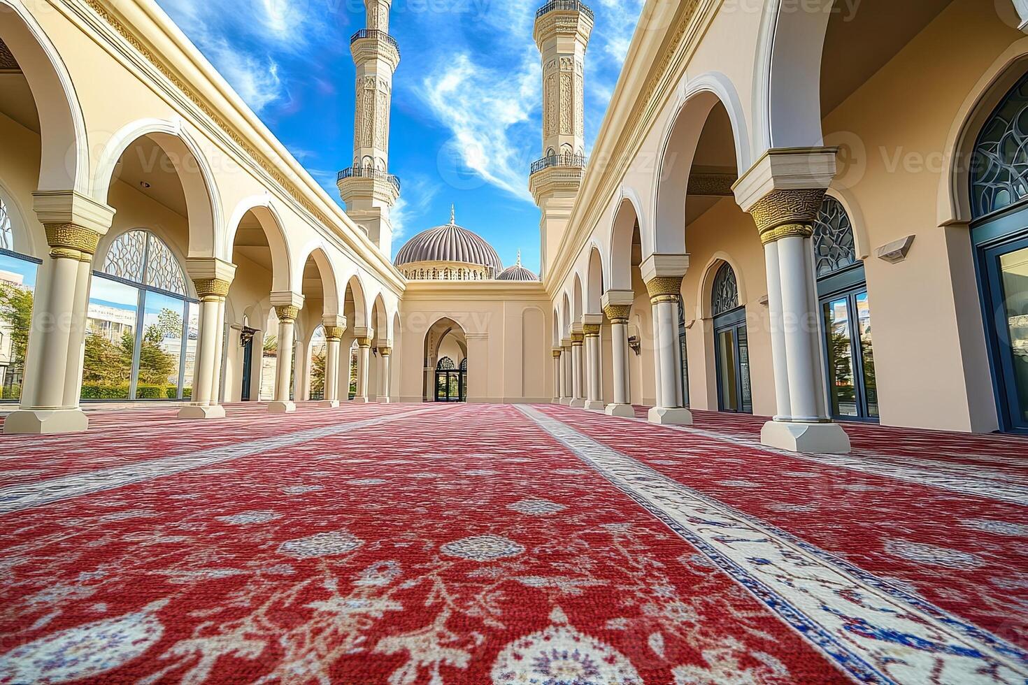 Mosque courtyard with red carpet, arches, and minarets under a blue sky. photo