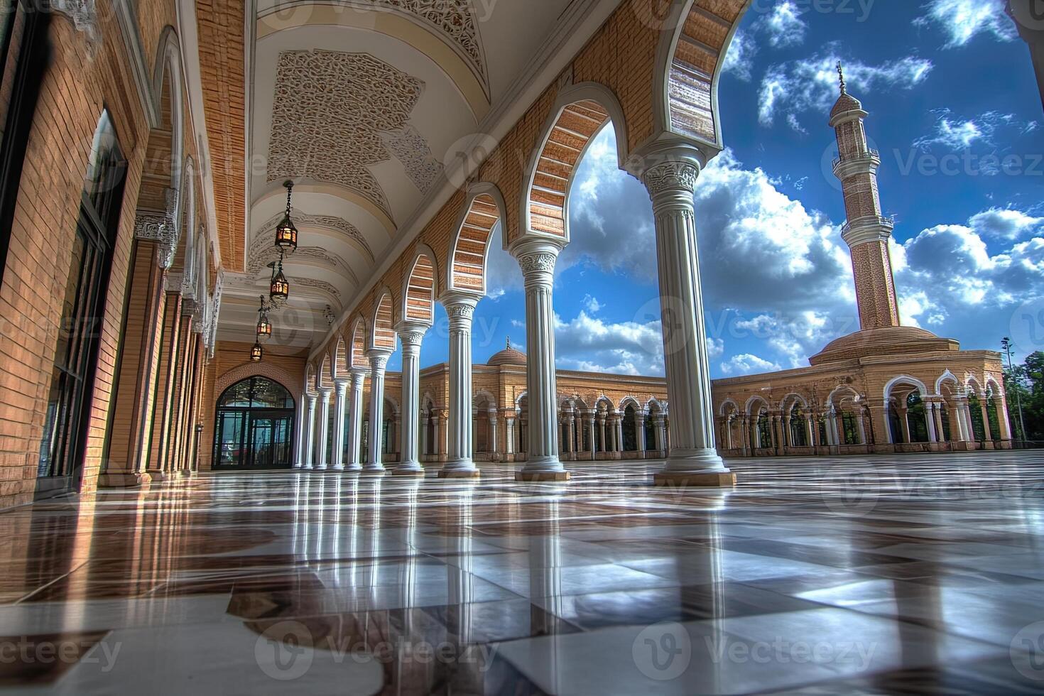 Mosque courtyard with arches, columns, and a minaret under a blue sky. photo