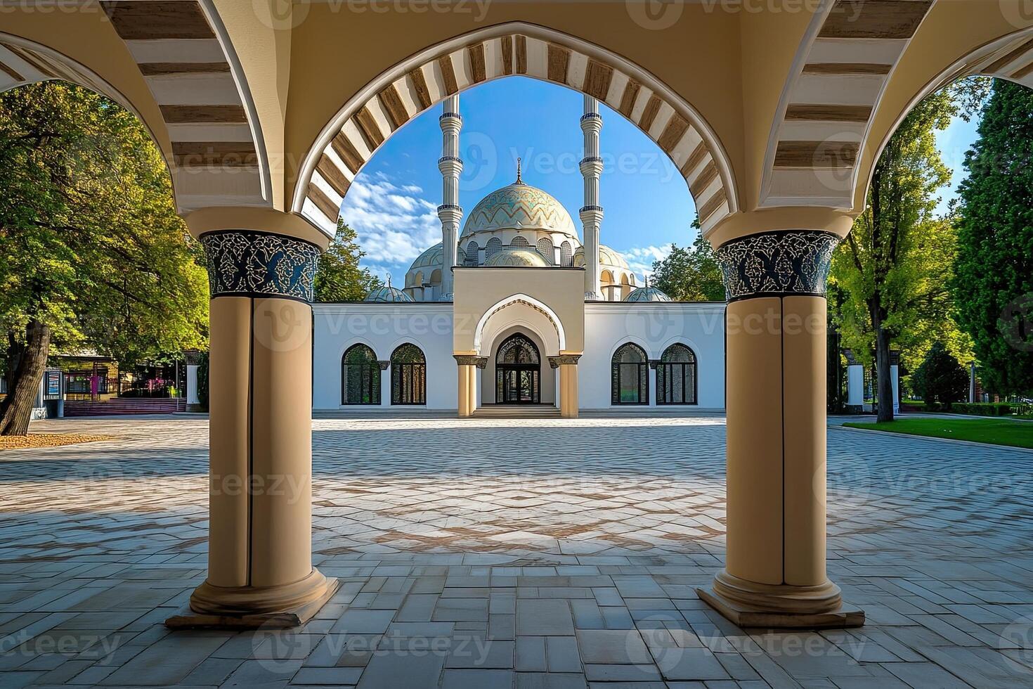 Mosque framed by arched columns in a sunlit courtyard. photo
