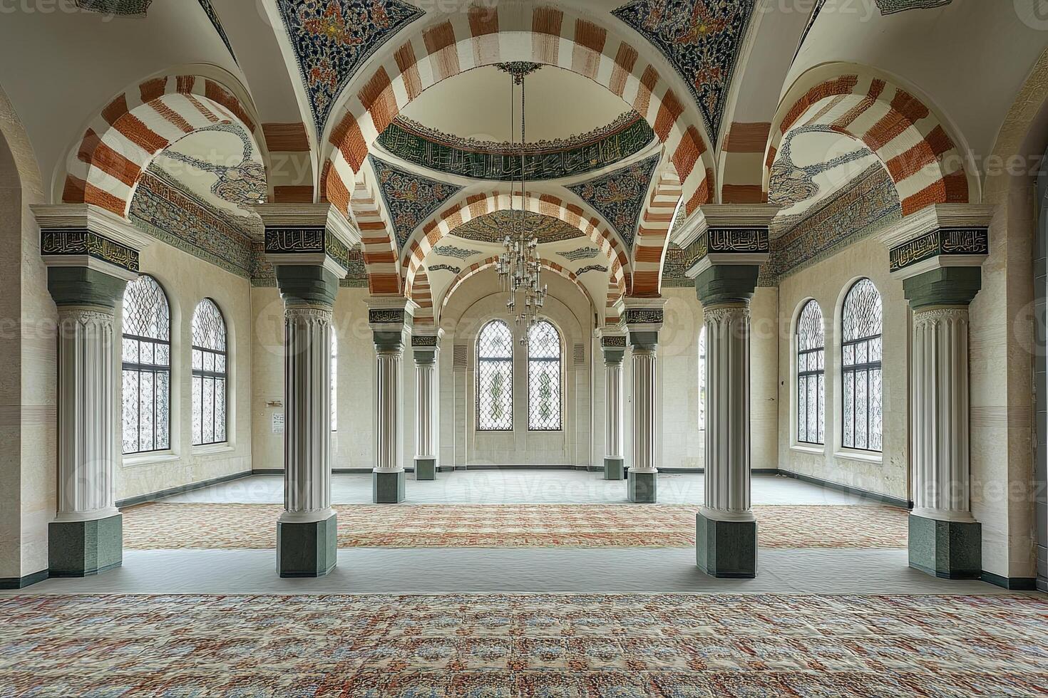 Ornate mosque interior with arched ceilings, columns, and patterned carpet. photo
