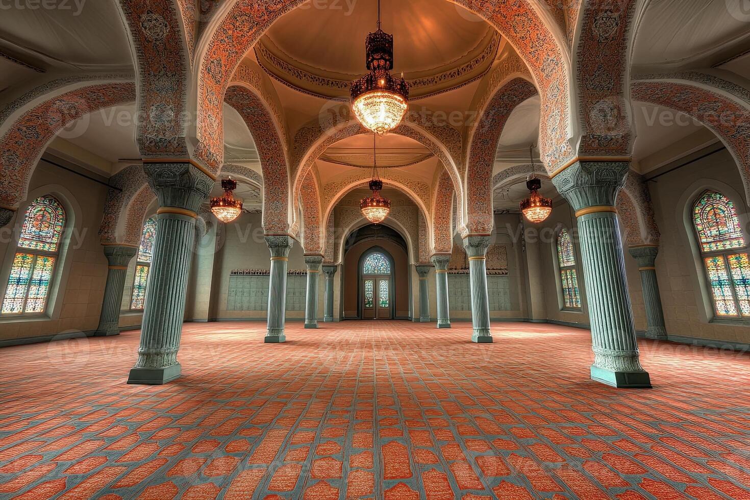 Ornate mosque interior with arches, columns, and stained glass windows. photo
