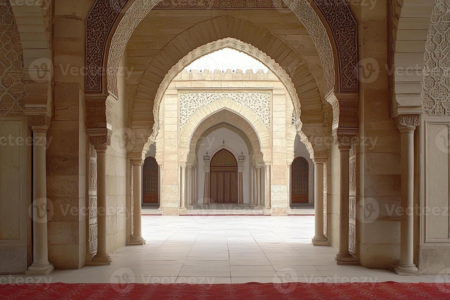 Mosque courtyard with intricate arches and columns. photo