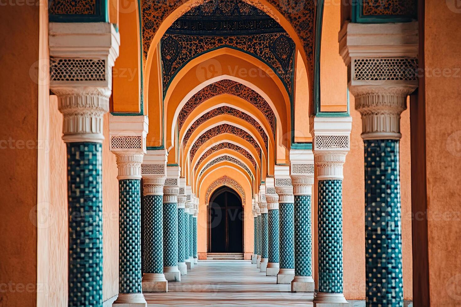 Ornate columns and arches in a long hallway. photo