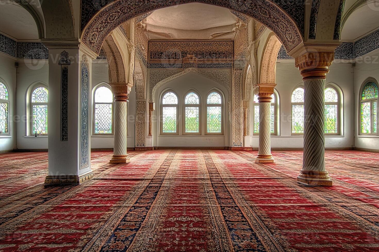 Serene mosque interior with ornate arches, columns, and richly patterned carpets. photo