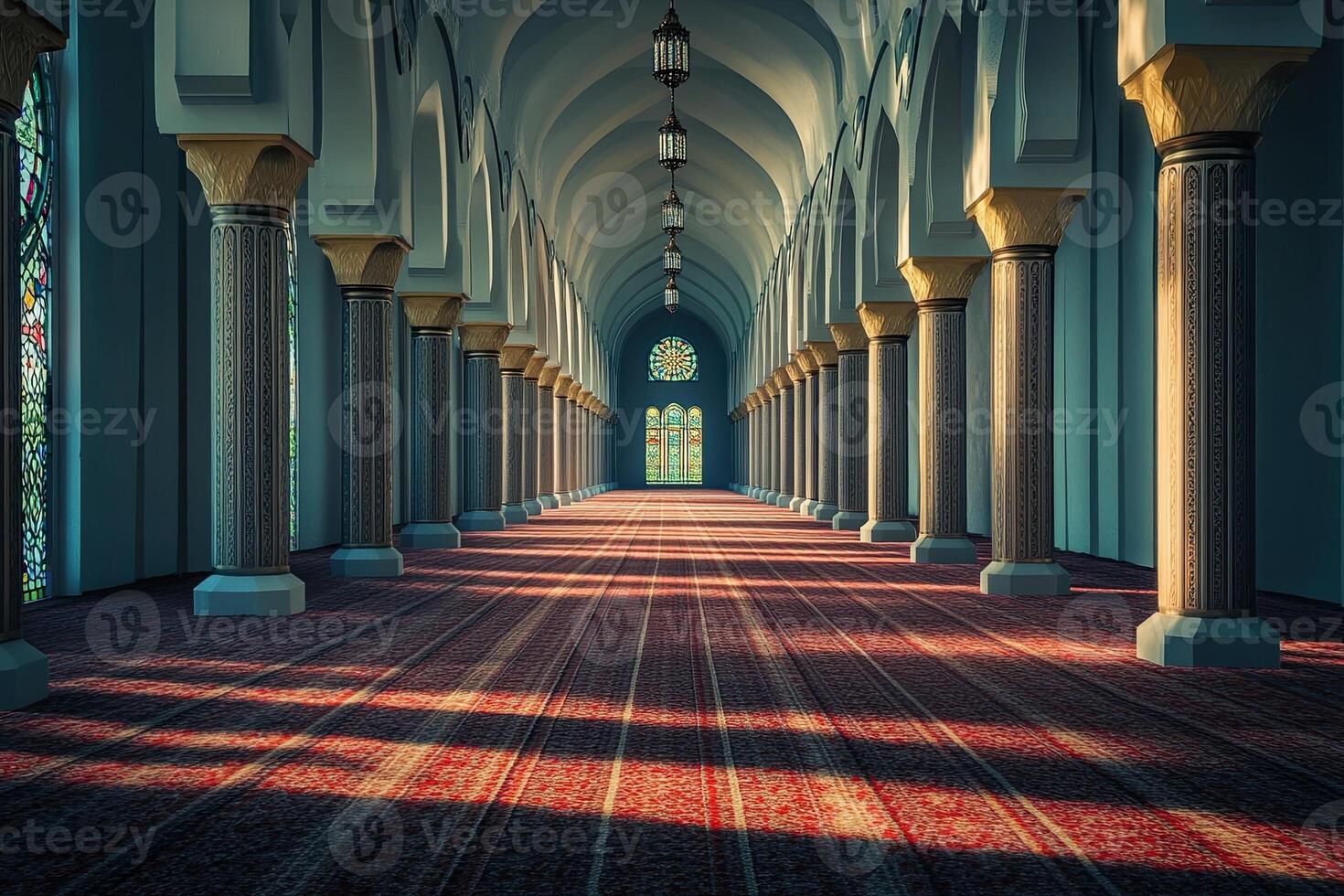 Serene mosque hallway with stained glass and intricate columns. photo