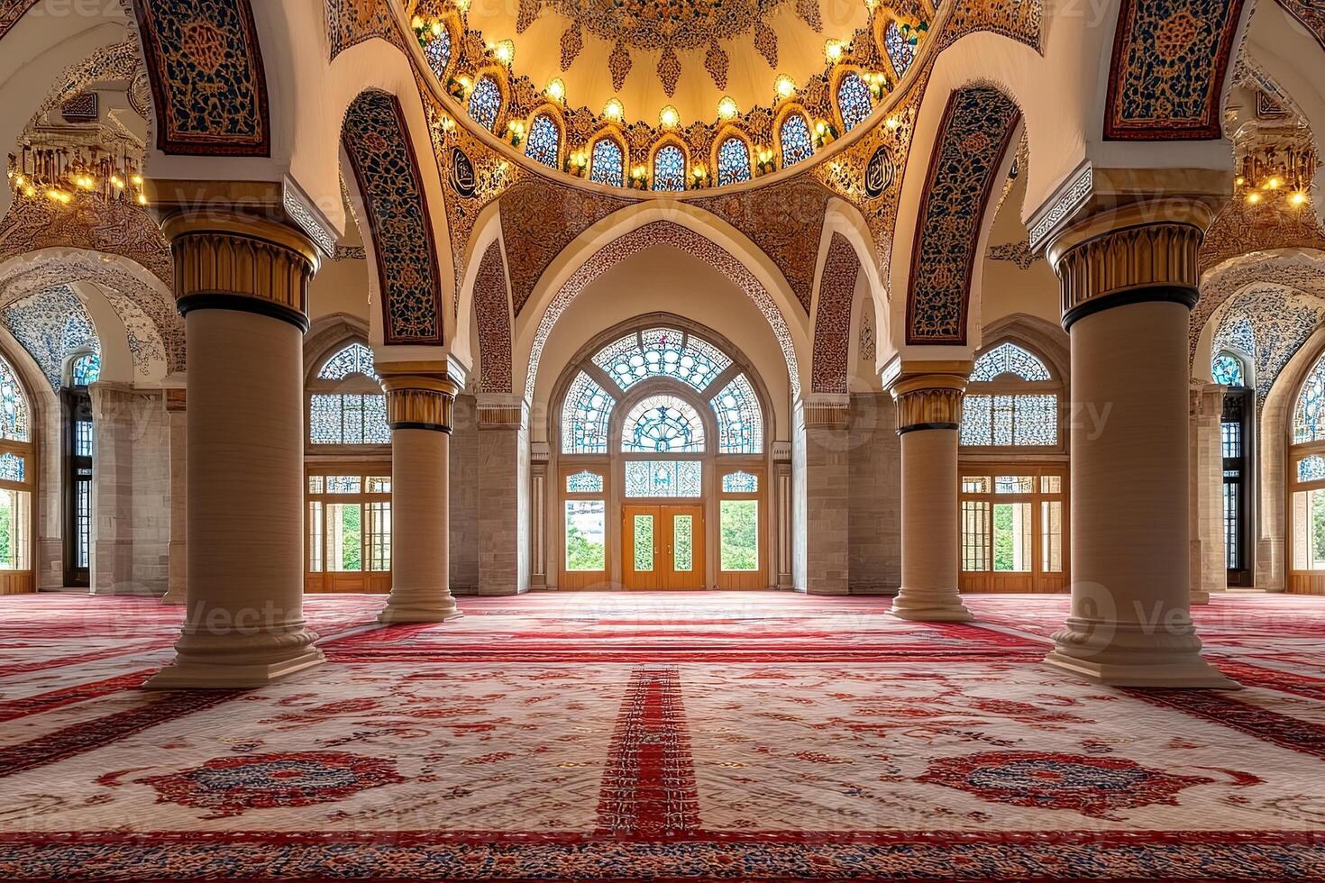 Ornate mosque interior with stained glass windows, columns, and richly patterned carpets. photo