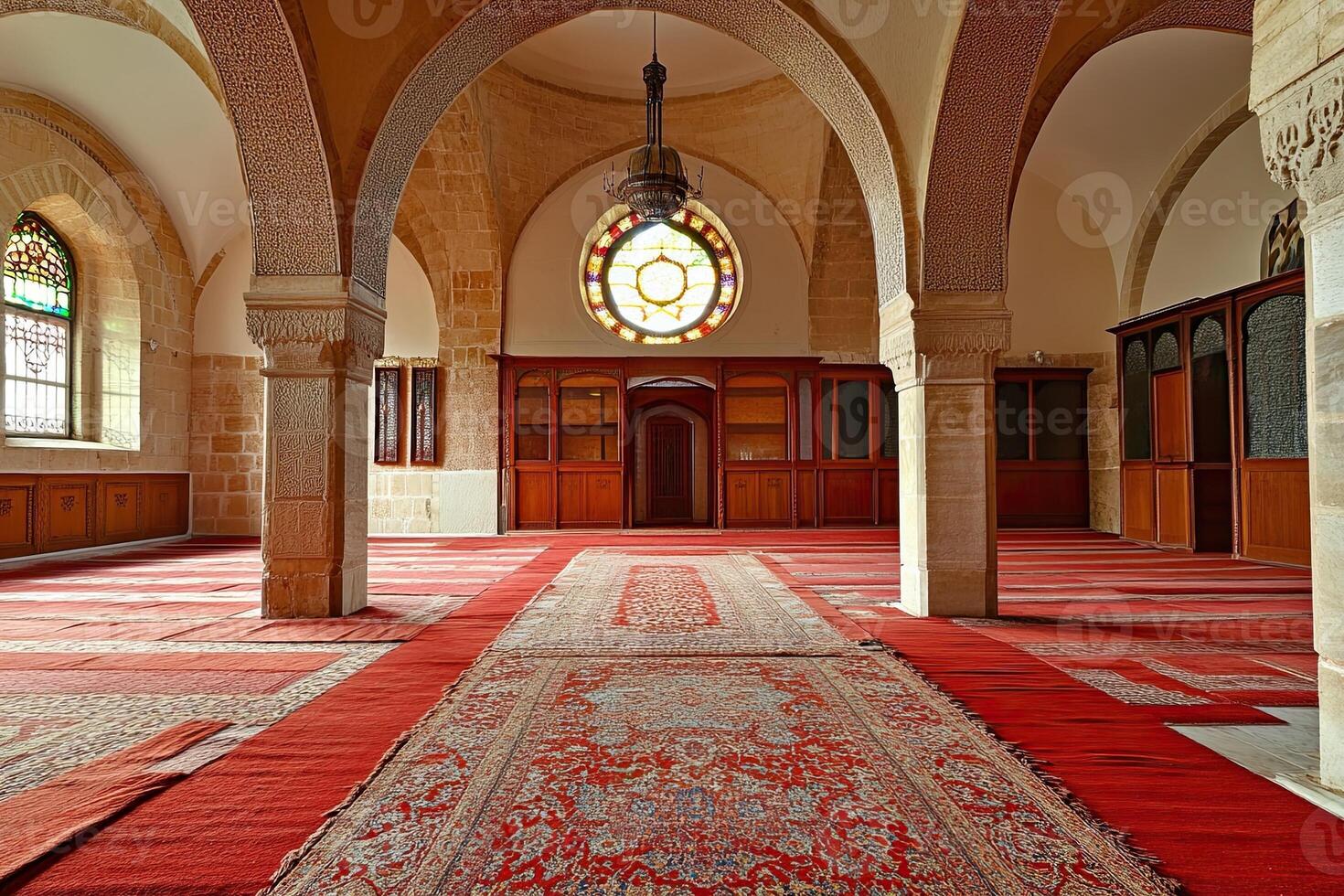 Serene mosque interior with red carpets, arched entryways, and stained-glass window. photo