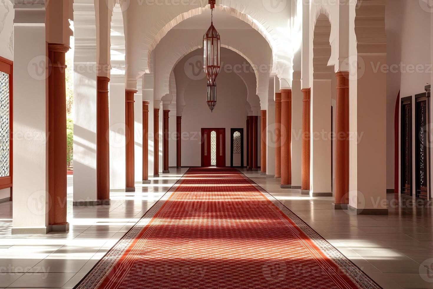 Sunlit corridor with arches, columns, and red carpet. photo