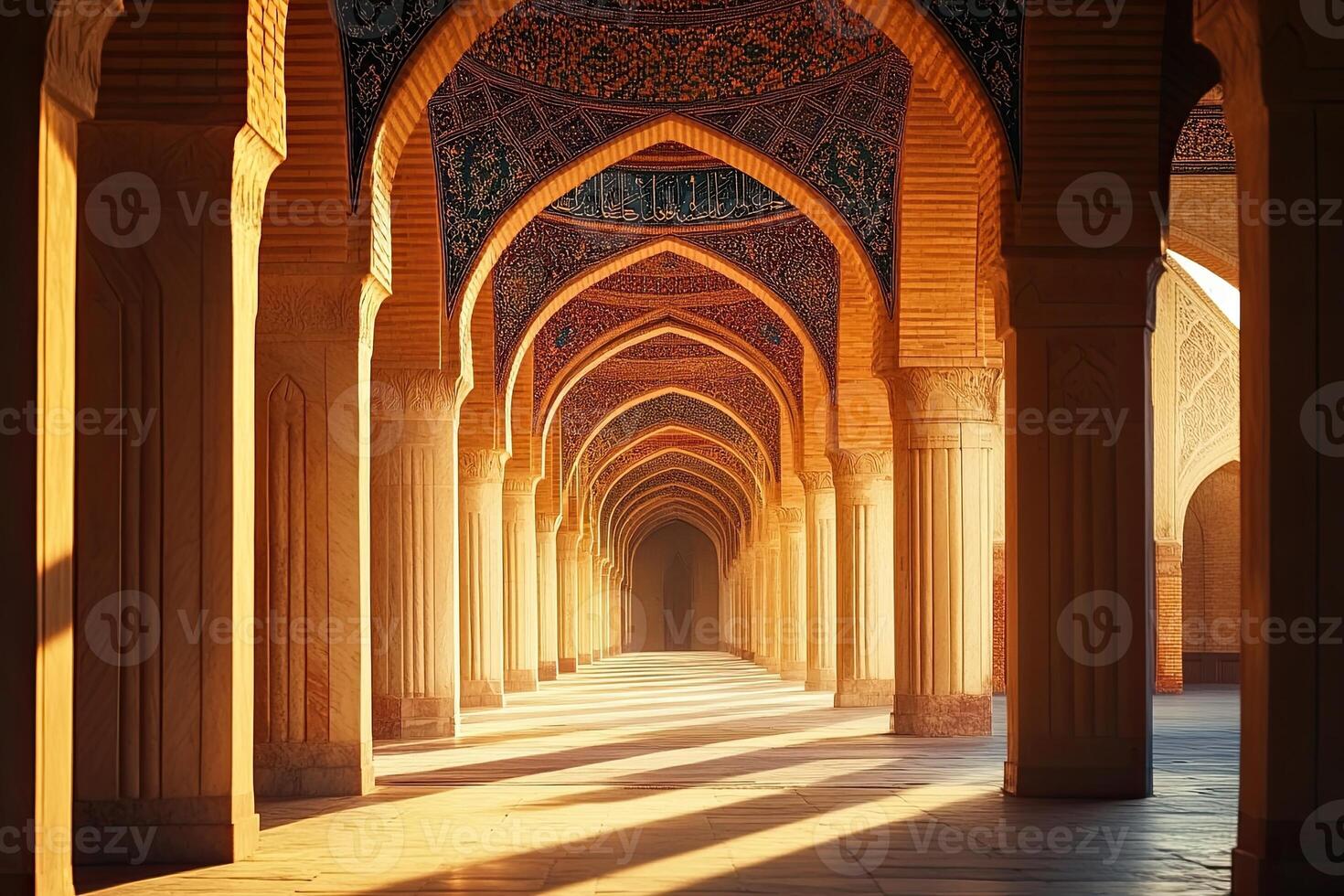 Sunlit colonnade in ancient mosque, intricate arches and columns. photo