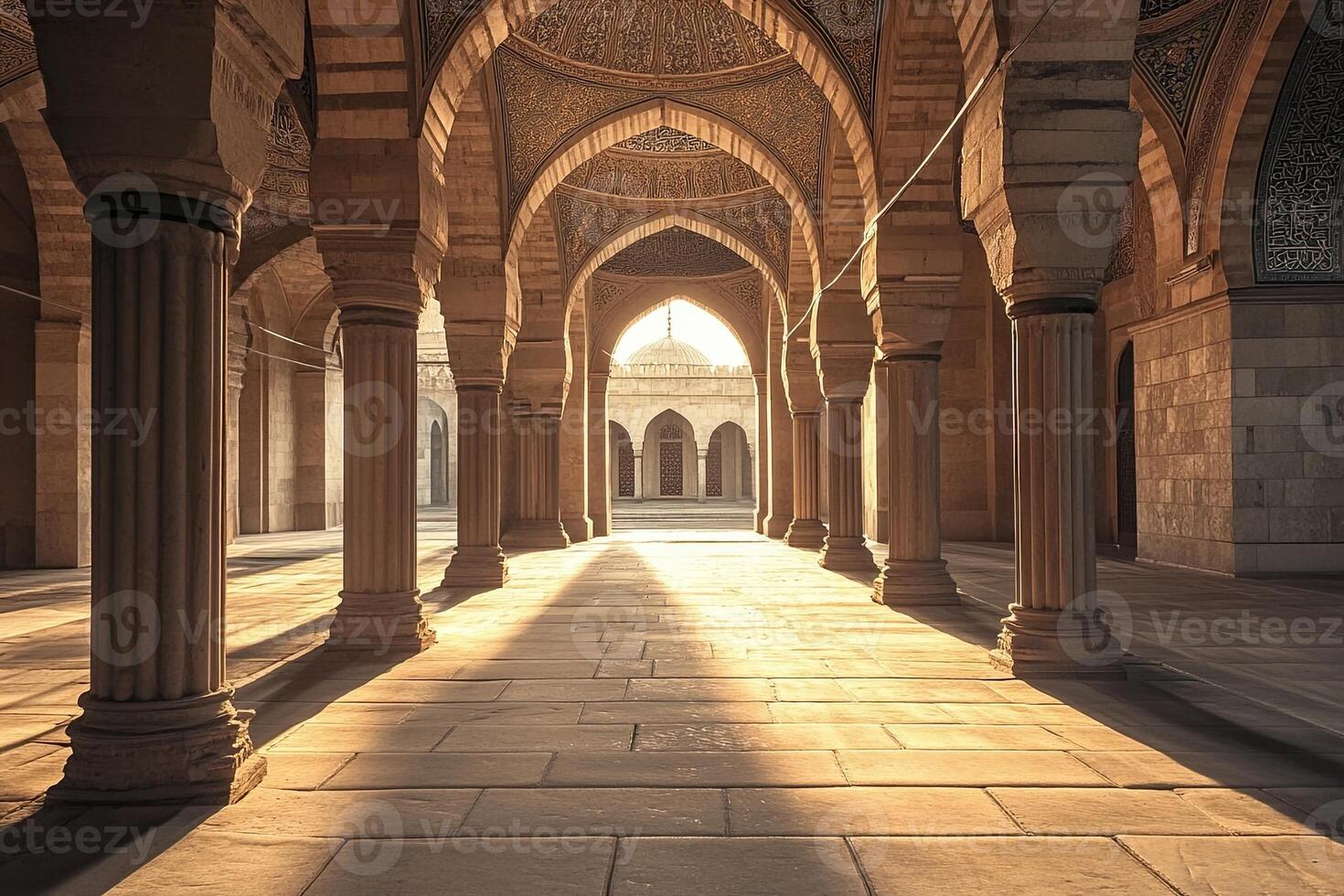 Sunlit arcade in ancient mosque, columns, arches, stone floor, sunlight. photo