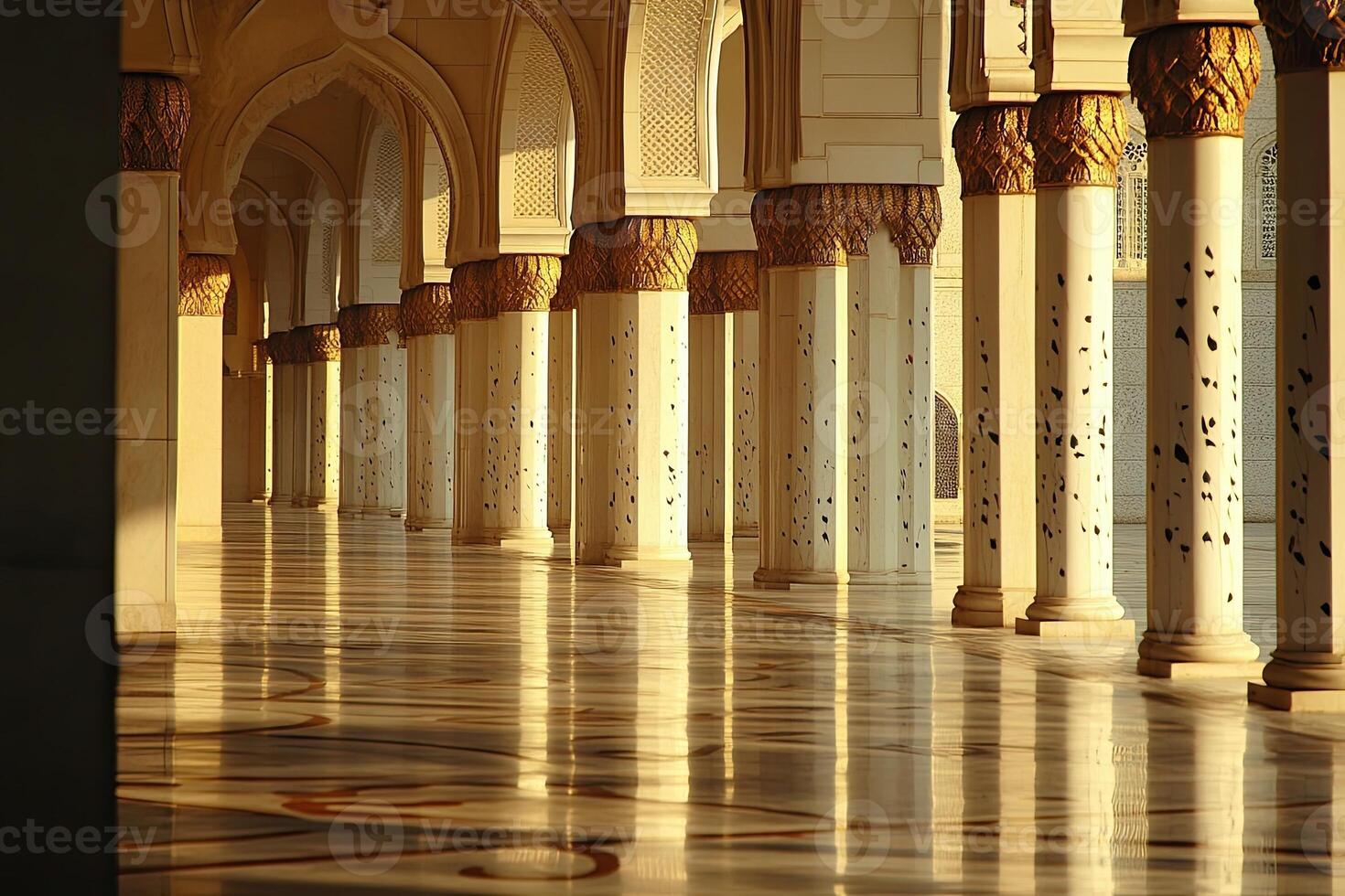 Sunlit colonnade with marble floor and gold-accented columns. photo