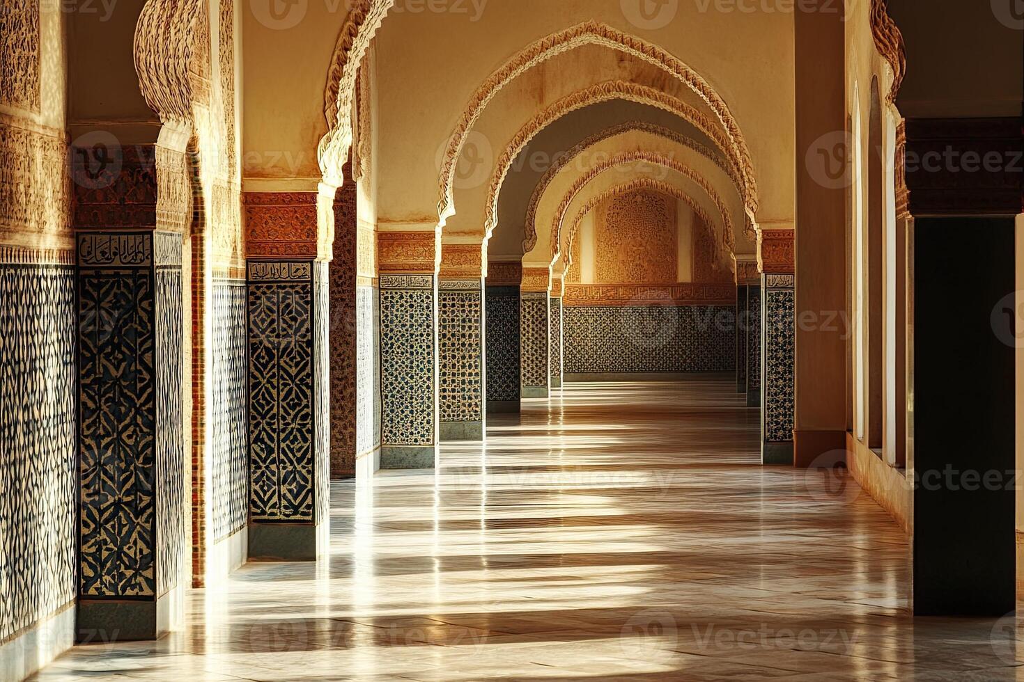 Sunlit hallway with arched ceilings and intricate tilework. photo