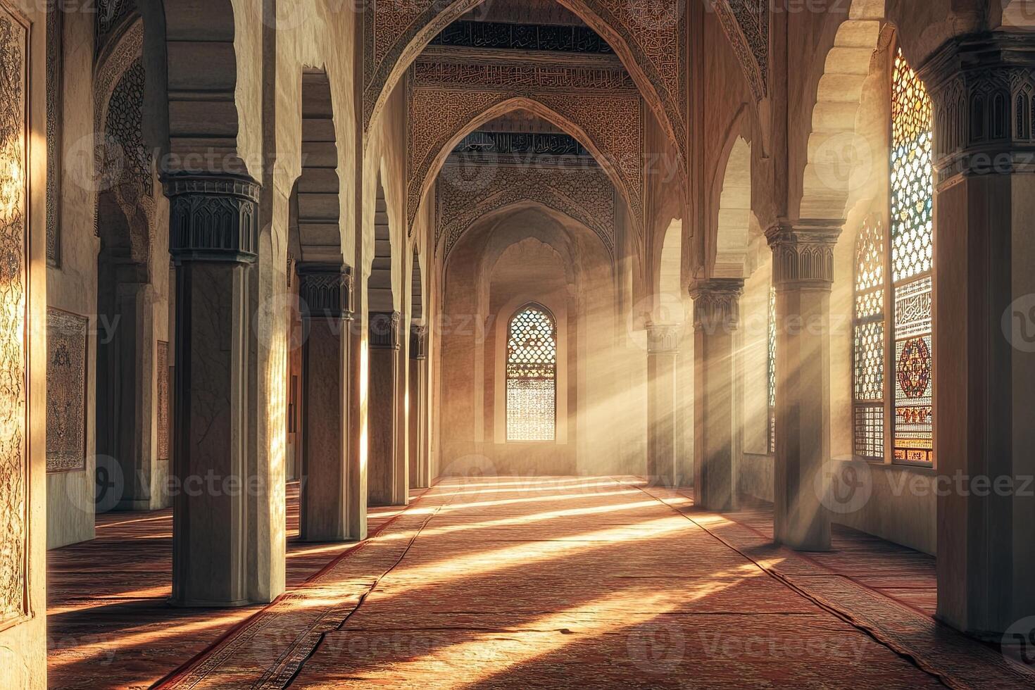 Sunbeams illuminate a mosque's serene interior, showcasing its architectural details and stained-glass windows. photo