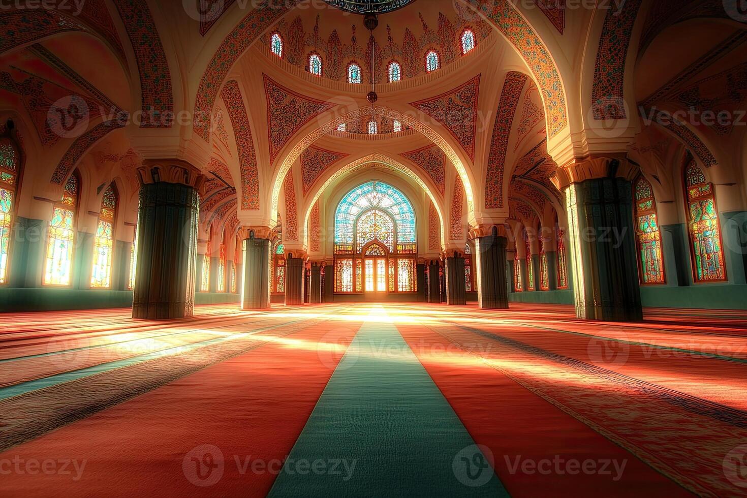Sunlit interior of a grand mosque, featuring intricate architecture, stained glass windows, and a prayer hall with patterned carpets. photo